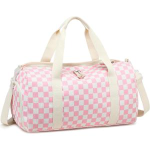 BLUBOON Duffle Bag Girls Kids Cute Gym Bag with Shoes Compartment & Wet Separation Waterproof Sports Overnight Travel Bag (Pink white grid)