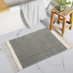 Lahome Boho Bathroom Rugs, Small 2x3 Entry Rug Washable Front Door Bath Mat Woven Cotton Area Rug with Tassels, Farmhouse Non Shedding Lightweight Grey Throw Rug Low Pile Carpet for Kitchen