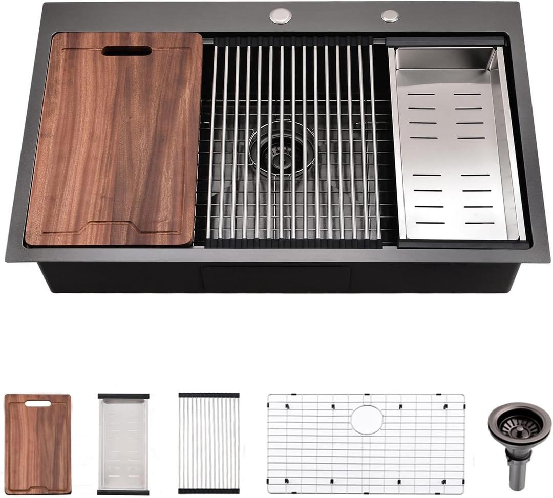 30 Inch Black Drop in Kitchen Sink Workstation - VOKIM 30x18-Inch Drop in sink Stainless Steel 16 Gauge 10'' Deep Single Topmount Bowl Handmade Kitchen Sink with Cutting Board& Strainer