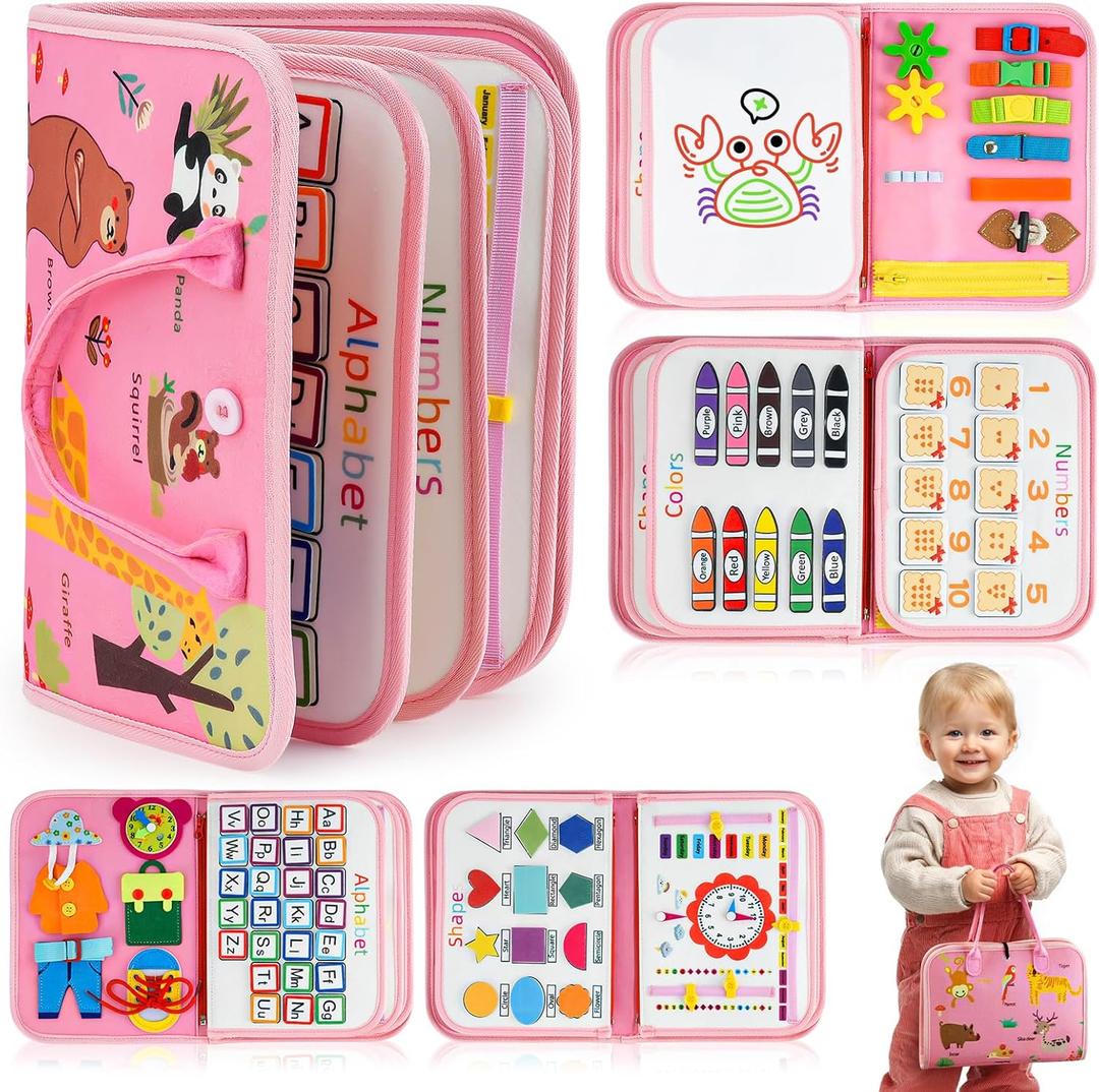 Montessori Toy Busy Book for Toddlers 1-3, Birthday Gifts for 1 2 3 Year Old Girls, Travel Activity Book & Sensory Learning Toy 1 2-4 Year Old Girl, Educational Busy Board for Fine Motor Skills