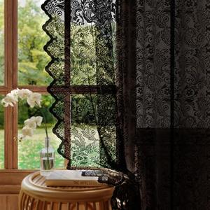 Rinwoc Black Lace Semi-Sheer Curtains – Vintage Floral Lace for Bedroom/Bathroom, Halloween Curtains Gothic Privacy Light Filtering Rod Pocket Window Drapes, 52W x 72L Inch, 2-Panel Set