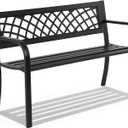 Garden Bench,Outdoor Benches,Iron Steel Frame Patio Bench with Mesh Pattern and Plastic Backrest Armrests for Lawn Yard Porch Work Entryway,Black
