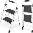 KINGRACK 2 Step Ladder, Folding Step Stool with Anti-Slip and Wide Pedal, Lightweight Stepladder with Handrails, Portable for Kitchen, Household, 330LBS, White