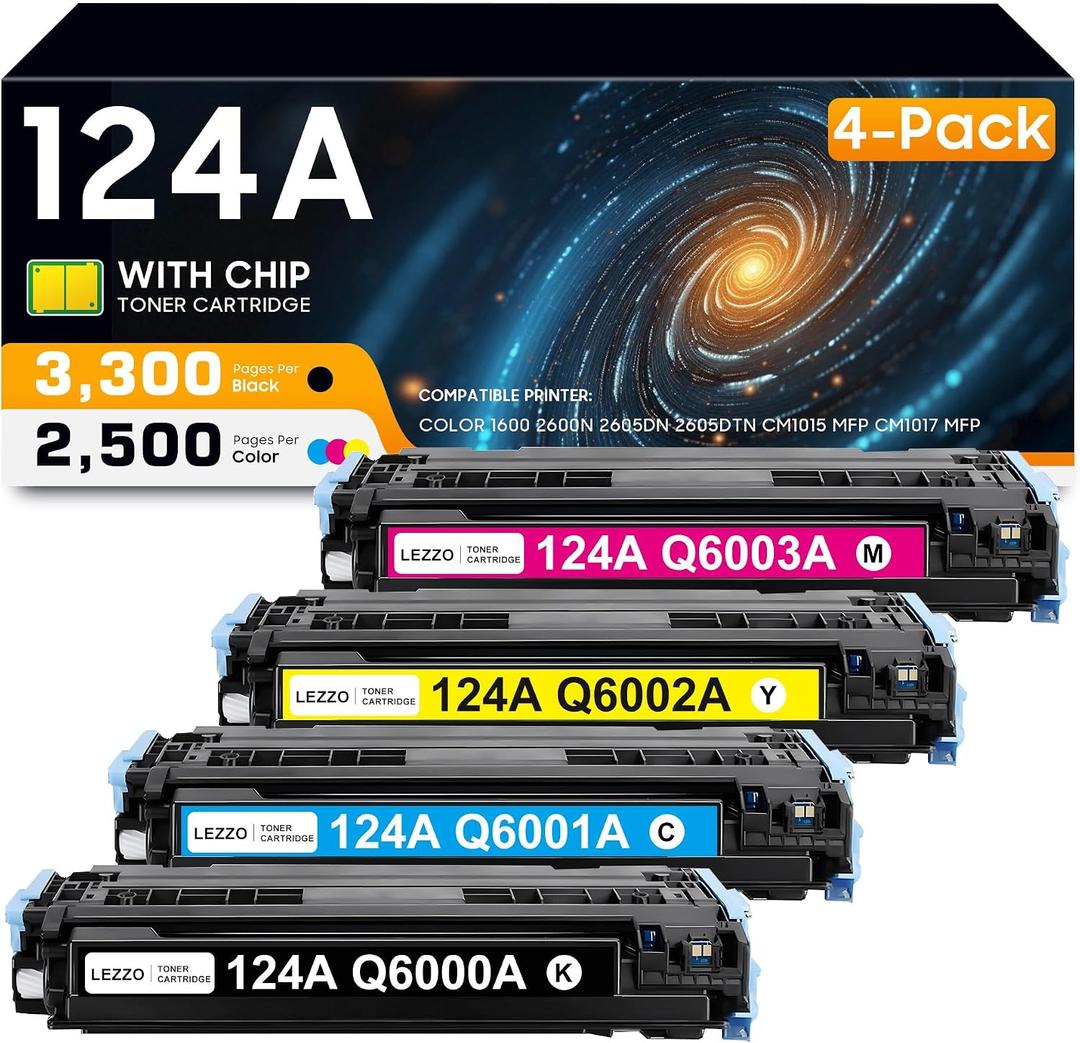 124A Toner Cartridge (4 Colors, K/C/Y/M) Replacement for HP 124A Q6000A Q6001A Q6002A Q6003A Toner Compatible for HP Color Laser Jet 1600 2600 2600n 2605 2605dn 2605dtn CM1015 CM1017 MFP Printer