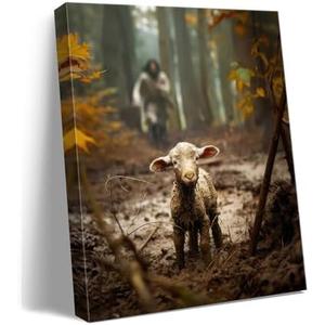 Religious wall decor for prayer room Christian wall art for Christmas decorations indoor Jesus and Lamb canvas wall prints Jesus Running After Lost Lamb Picture for home decor Baptism gifts for boys-girl serenity prayer wall art A-333