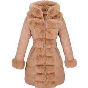 RISISSIDA Women Winter Fur Lined Coat,Puffer Jacket with Long Fur Trim Hooded, Warm Leather Bubble Overcoat Cold-resistant (Medium, Apricot)