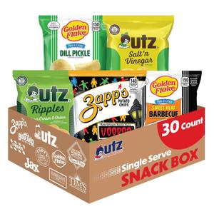 Utz Brands Big Flavor Box 30 Count Variety of Bold, Tangy, and Savory Chips: Zapps Voodoo, Ripples Sour Cream & Onion, Salt & Vinegar, Golden Flake Sweet Heat BBQ, and Dill Pickle Chips BB 3/23/2026