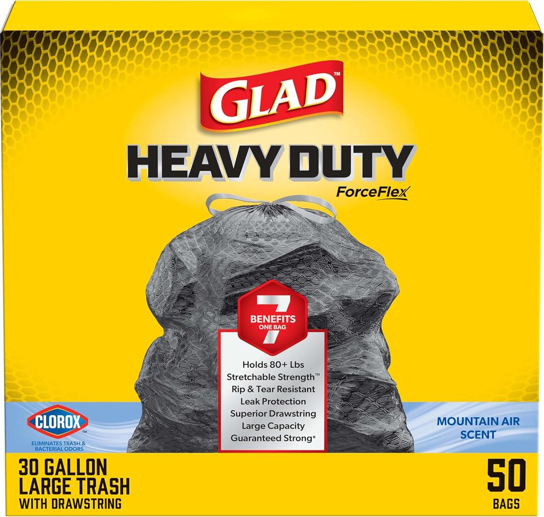 Glad ForceFlex Heavy Duty Trash Bags With Clorox, Mountain Air, 30 Gal, 50 Ct