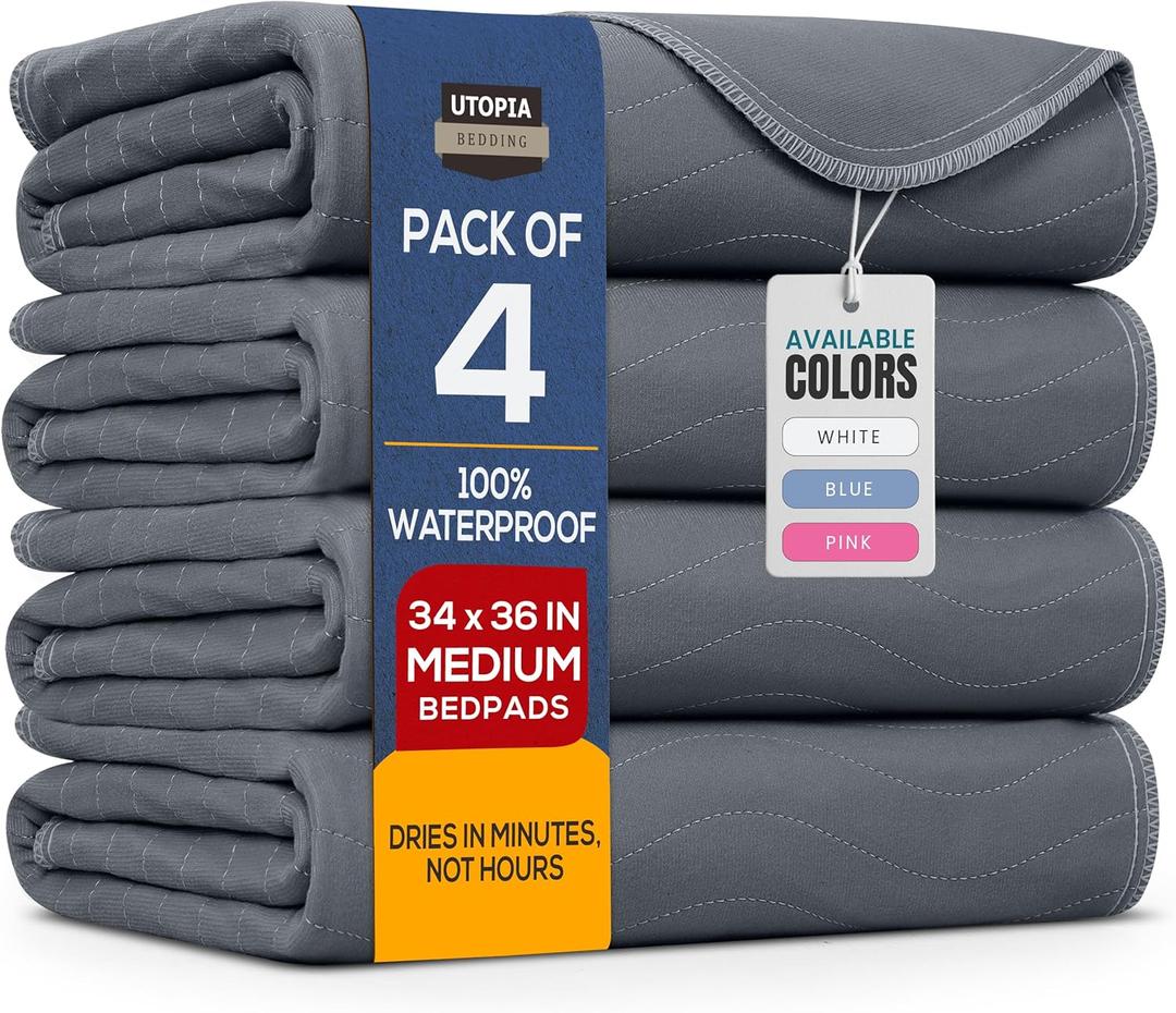Utopia Bedding Washable Underpads 34" x 36" (Pack of 4), Waterproof Reusable Heavy Absorbency Incontinence Bed Pads for Adults, Kids, Elderly and Pets, Bedwetting Pads for Sofa and Couch (Grey) (Gray)