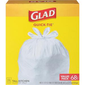 Glad, Quick-Tie Tall Kitchen Trash Bags Value Pack, 68 Count