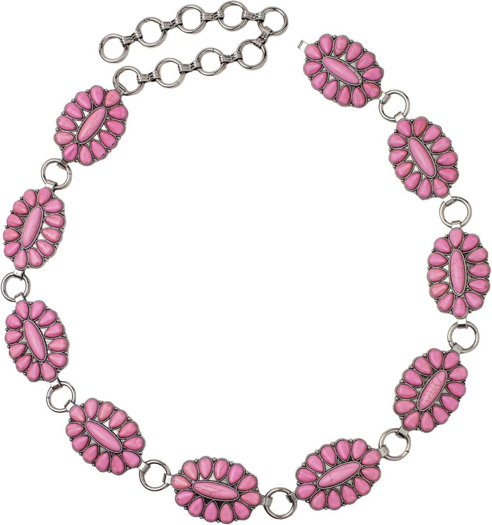 Women's Western Stone Concho Chain Belt  Adjustable Boho Vintage-Inspired Statement Waist Belt (Pink)