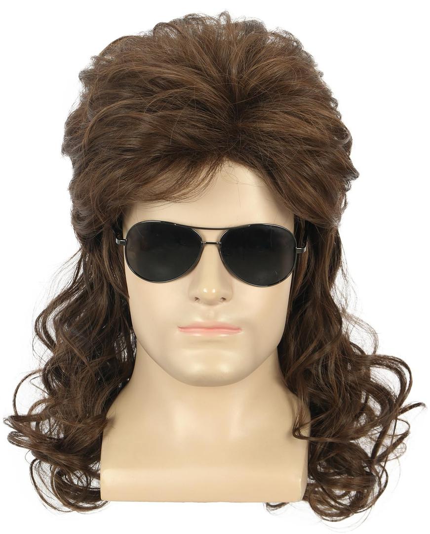 yuehong Adult Long Dark Brown Wig Rock Star Style Mullet 70s 80s Costume Wig Halloween Curly Hair
