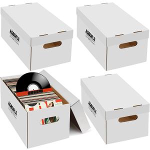 AOBOPLE 4 Pack Vinyl Record Storage Box,7"/45 RPM Cardboard Vinyl Record Box with Lid and Handle,Holds up to 75 7" Records Each,Moving Box for Records Ideal for DJs, Show Vendors, Record Collectors