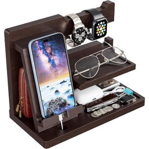 Yirilan Wood Phone Docking Station, Nightstand Organizer for Father Man, Birthday Gifts for Men/Dad/Boyfriend/Grandpa, Anniversary, Christmas, Graduation Travel Idea Gadgets-Brown