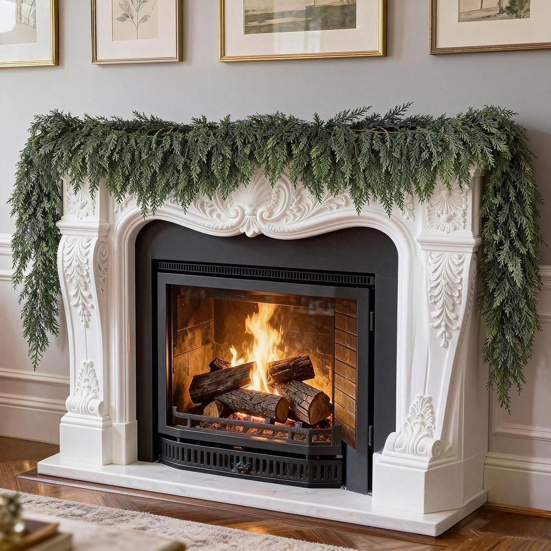 PABREY 1 Pcs 9 FT Real Touch Faux Cedar Garland, Realistic Artificial Thick Green Christmas Greenery Cedar Garland for Mantle Table Stairs Wall Outdoor Indoor Christmas Decorations