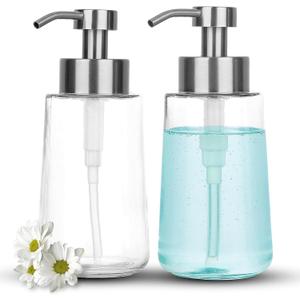 Doiliese Soap Dispenser, Glass Hand Soap Dispenser with Rust Proof Pump, 16oz Liquid Soap Container with Waterproof Labels, Dish & Hand Soap Pump for Bathroom, Kitchen, Brushed Nickel, Pack of 2