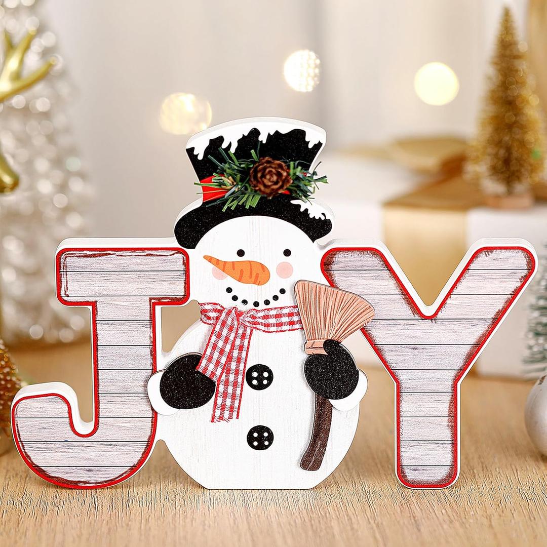 Yousoontic Snowman Winter Decorations Indoor Wooden Snowman Block Farmhouse Joy Sign Winter Tabletop Decorations Table Centerpiece for Home Mantel Shelf Tiered Tray Desktop Sign Holiday Party Supplies