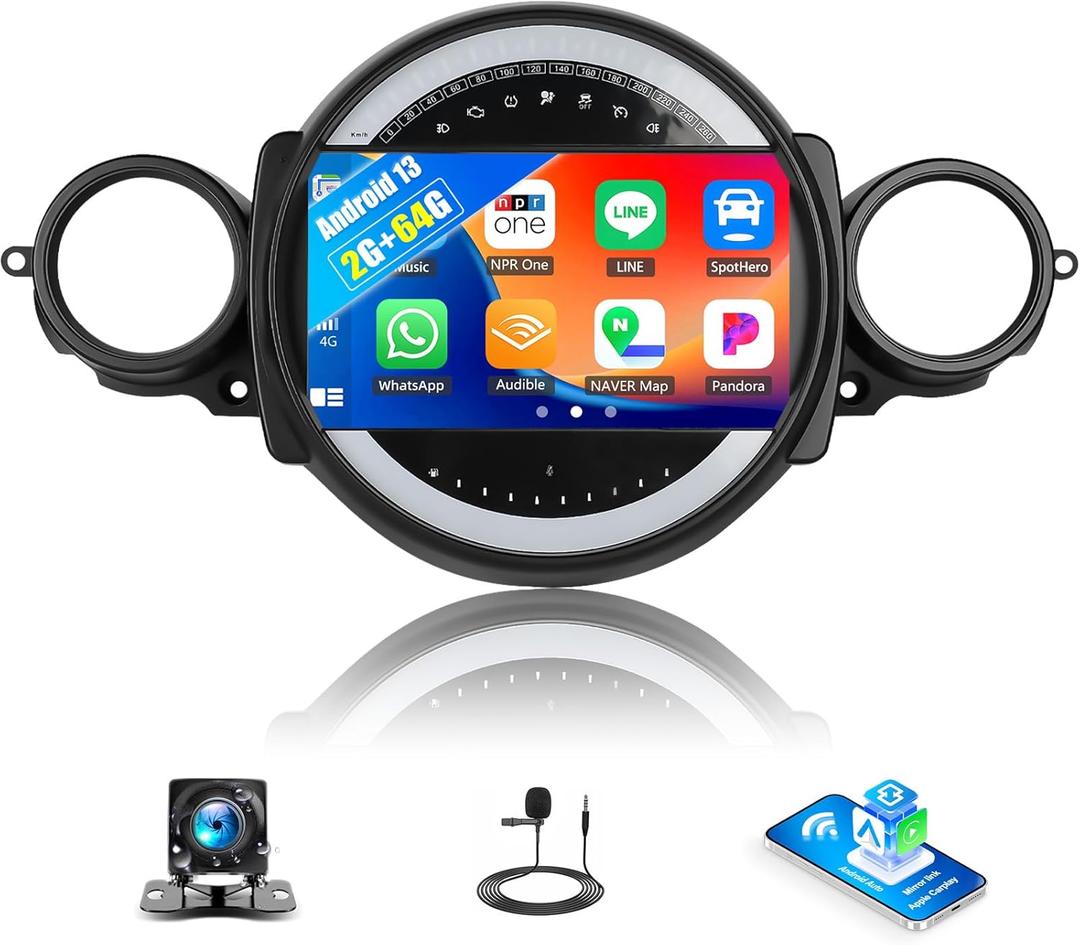 Android Car Stereo for Mini Clubman R55/Mini Cooper R56 2007-2013 2G+64G with Carplay Android Auto Mirror Link 9 inch Touchscreen with GPS Navigation WiFi 26UI Bluetooth FM Backup Camera
