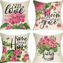 Pink Geranium Flower Decorative Throw Pillow Covers 18x18 Set of 4, Sweet Home Floral Mason Jar Spring Summer Cushion Case Decor, Bloom with Grace Live Laugh Love Home Decoration for Sofa Couch