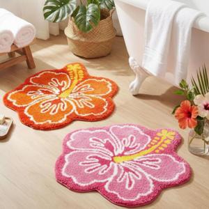 Drydiet 2 pcs 24 in Cute Hibiscus Flower Bathroom Rugs, Soft Thickened Microfiber Absorbent Quick Dry Non-Slip Bathtub Floor Mat, Machine Washable Plush(Hibiscus Flowers)