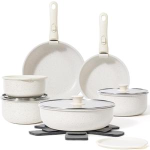 Pack of 18 Pots and Pans Set Non Stick, Cookware Sets with Detachable Handle, Nonstick RV Kitchen Cooking Tools Removable Handles, Oven Safe, Induction Fast, Stackable Induction Cookware, White