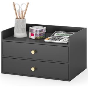 Bamboo Desk Organizer with Drawers Wooden Desktop Storage Drawers for Bills Office Supplies Kitchen Utensils Organizing Tool for Home Classroom Organization No Assembly (Black, 2 Drawers)