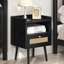 MECHYIN Nightstand with Charging Station & Rattan Decor Drawer, Boho Bedside End Table with Solid Wood Feet, Bed Side Table with Open Storage for Apartment Bedroom Living Room Dorm - Natural