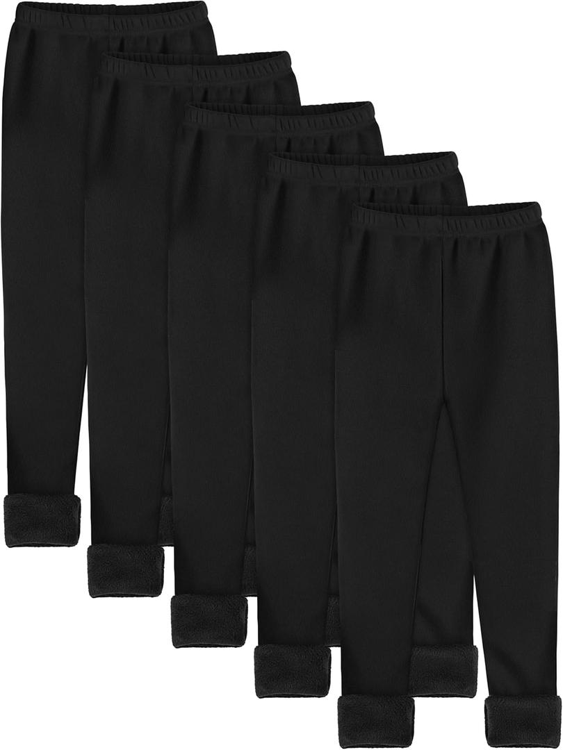 Resinta 5 Pack Girls Fleece Lined Leggings Winter Warm Soft Thermal Pants Full Length Multipack for Kids Cold Weather (5-6 Years, Black)