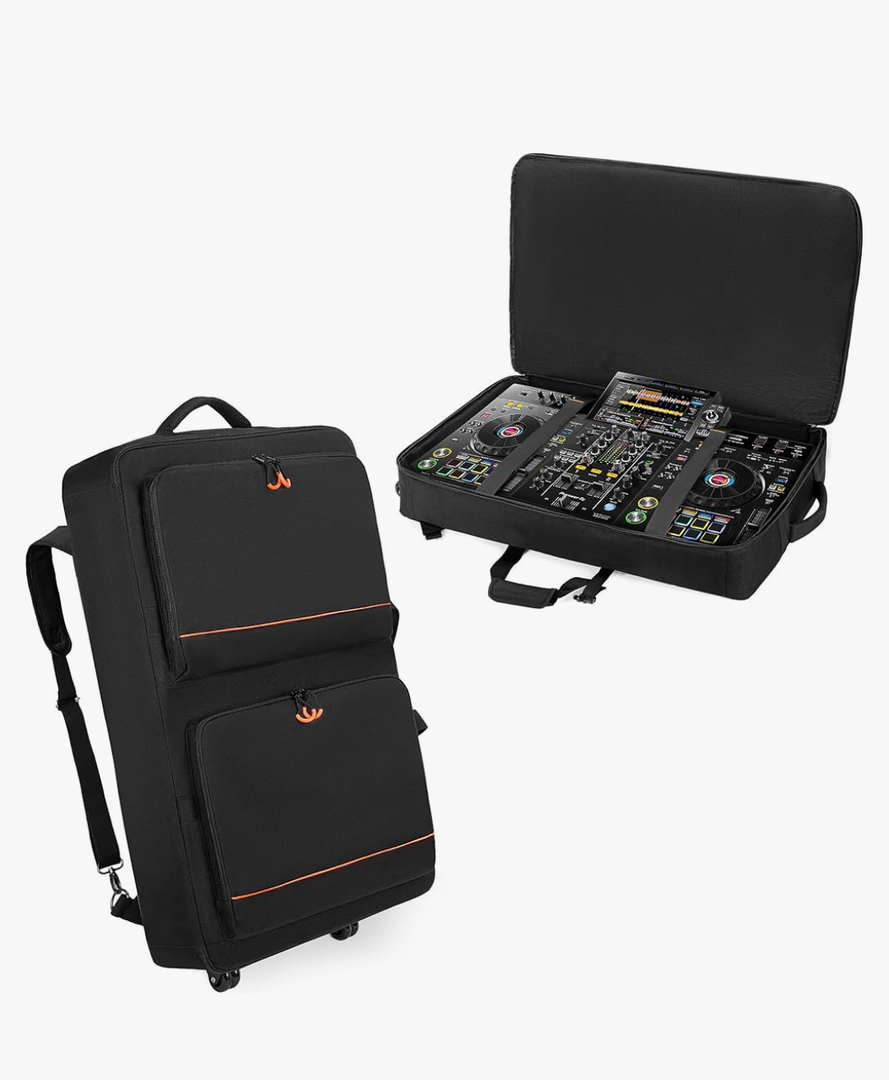 DJ Controller Bag Backpack with Wheels Compatible with Pioneer XDJ RX2/ XDJ RX3/ XDJ-RX/DDJ FLX10/ DDJ REV7/ DDJ 1000, Wheeled DJ Carrying Case with 2 Accessory Pocket, Padded DJ Mixer Bag