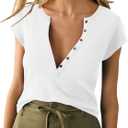 EasyGala Womens Cotton Deep V Neck Tops Low Cut Short Sleeve Henley Shirts Sexy Fitted Tees Summer Fashion Clothes 2026 (White, S)