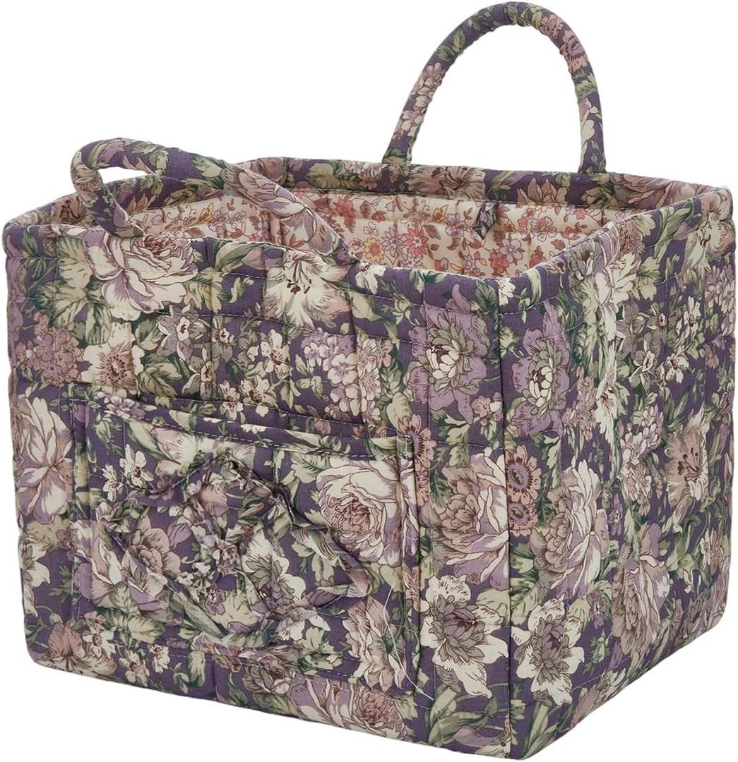Quilted Laundry Basket with Handles - Multi-Purpose Fabric Storage BasketBoho Fabric Storage Baskets with Handles for Car, Home & Nursery - Collapsible Square Organizer (Purple)