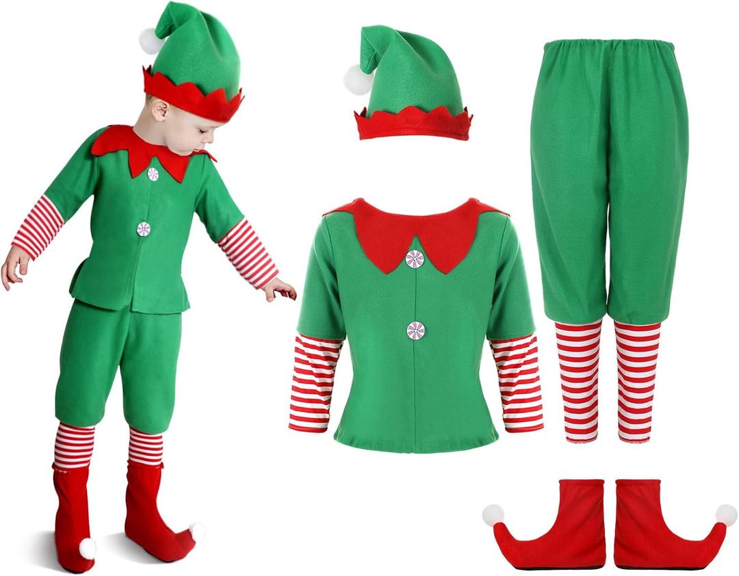 Geyoga Kids Christmas Elf Costume Outfits Include Hat Shoes and Other Accessories for Toddler Xmas Cosplay (Large, Green)