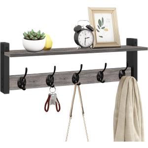 Homode Wall Hooks With Shelf, 24 Inch Coat Rack Wall Mount for Entryway, Clothes, Backpack, Key, Purse - Floating Shelf Hanging in Bathroom, Bedroom, Hallway, Rustic Grey