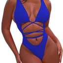 Sovoyontee 2026 Women's Sexy Cheeky One Piece Swimsuits High Cut Thong Bikini Bathing Suit Monokini (Blue, L)