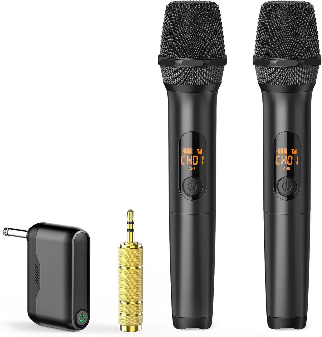 Wireless Microphones, Professional UHF Metal Dual Handheld Cordless Dynamic Mic System with Rechargeable Auto- Receiver, 160 ft Range, Microphone for Karaoke, Party Singing, Lecture, DJ, Wedding