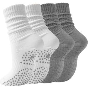 Pilates Slouch Crew Socks for Women, Grip Yoga Socks with Non Slip Grippers for Barre Ballet Dance Hospital Workout