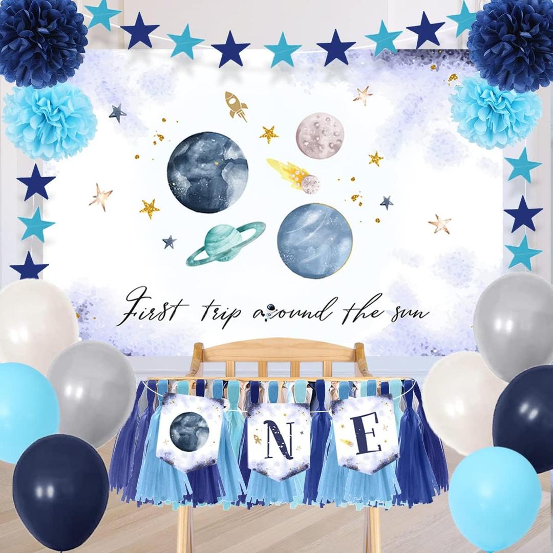 Outer Space ONE High Chair Banner First Trip Around The Sun Party Decorations Space Themed First Birthday Highchair Banner Backdrop Balloons for Boy 1st Birthday Decorations