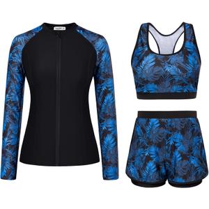 JASAMBAC Women's 3 Piece Rash Guard Long Sleeve Swimsuits with Boyshorts Zip Up UPF 50+ Swim Shirt Built in Bra (Black-blue Palm Leaves- S)