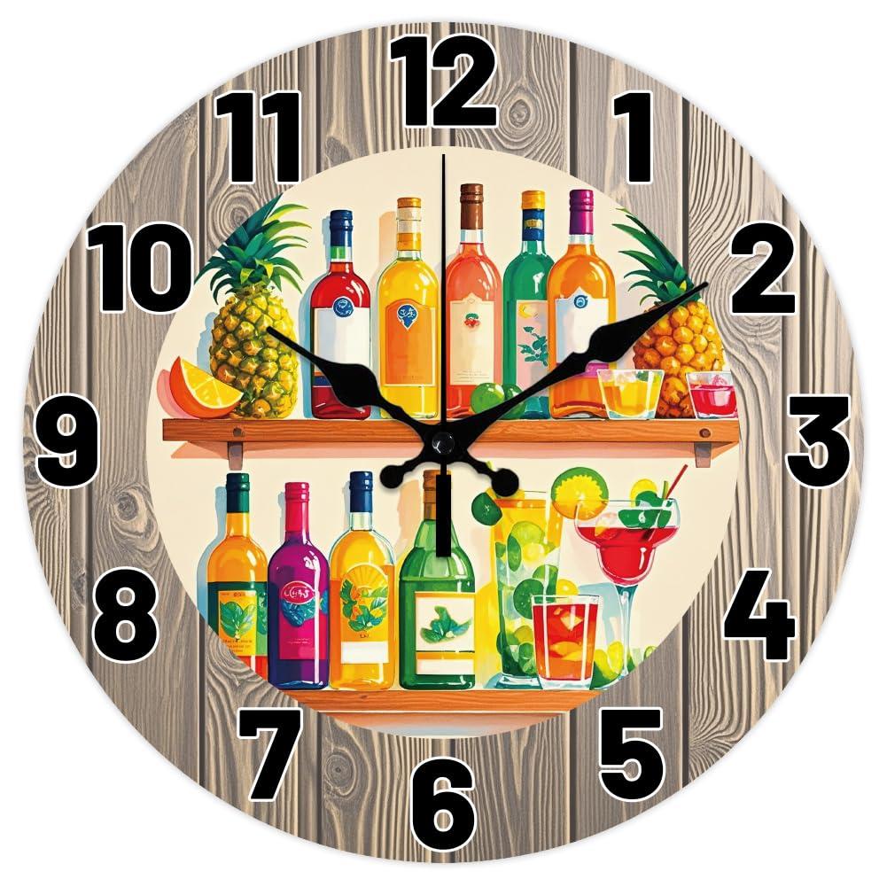 CHGCRAFT Various Drinks Wall Clock 12 Inch Fruits Clock Battery Operated Silent Non Ticking Light Colored Wooden Boards Round Decorative Clocks for Home Office Decoration