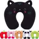 H HOMEWINS Travel Pillow for Kids,Cute Animal Neck Pillow for Boys Girls,Soft Neck Head Chin Support Pillow,Travel Accessories for Airplane, Car, Train,Recline (Black cat)