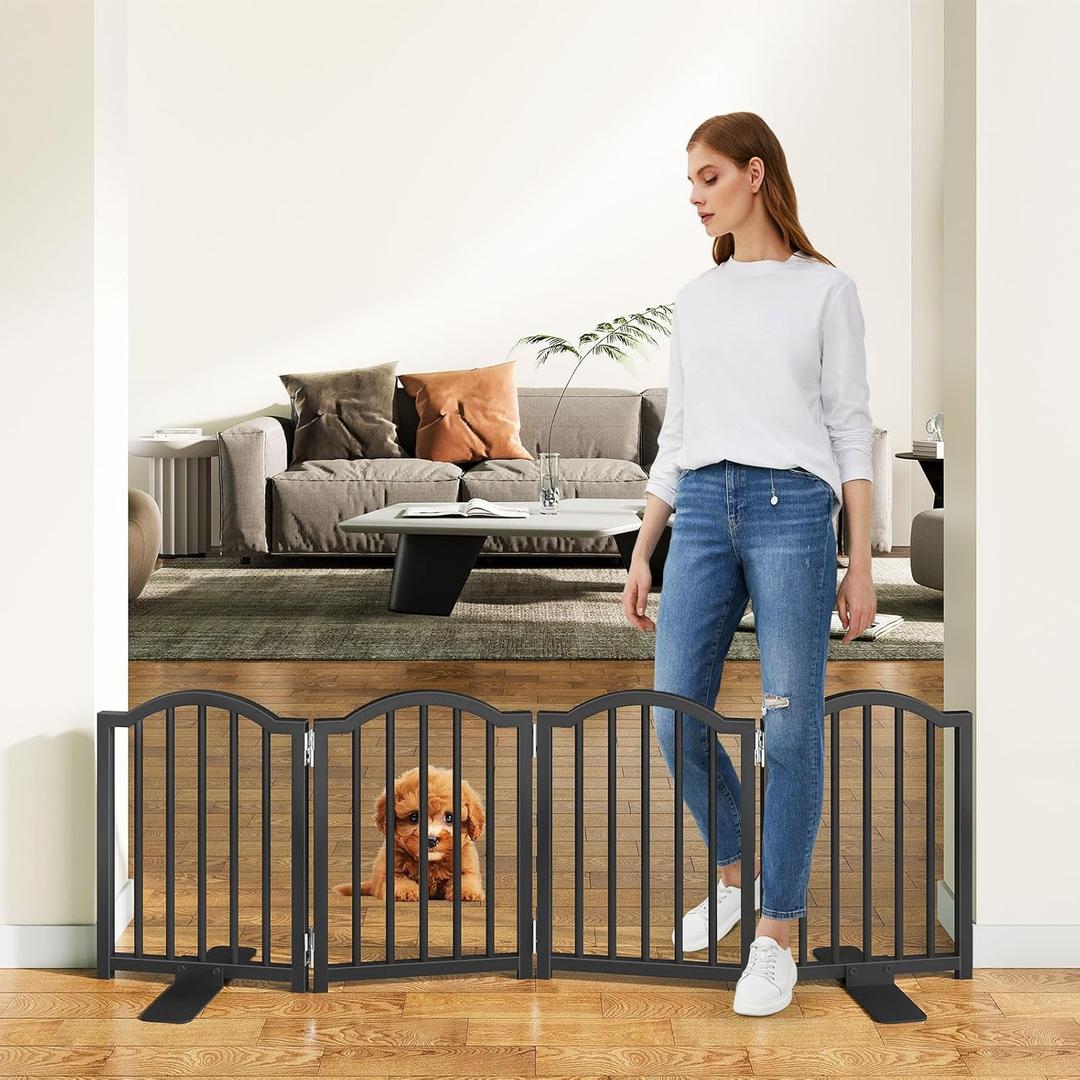 Snughome Short Dog Gate Indoor, 16" High Freestanding Small Dog Door Gate with Support Feet, Expands Up to 48’’ Wide Foldable Pet Gates for Doorway, 4 Panel Folding Pet Door Pet Fence for Puppy, Black