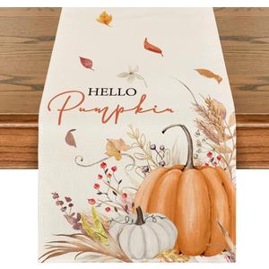 Artoid Mode Hello Pumpkin Flowers Leaves Thanksgiving Table Runner, Seasonal Fall Harvest Vintage Kitchen Dining Table Decoration for Indoor Outdoor Home Party Decor 13 x 90 Inch (Orange)