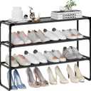 Long Shoe Rack, 3-Tier Stackable Shoe Organizer for Closet, Entryway, Hallway, Extra Bottom Layer, Holds 16-20 Pairs, Sturdy & Durable Waterproof Fabric Shelf, Space-Saving,Black (35.8" Wide)