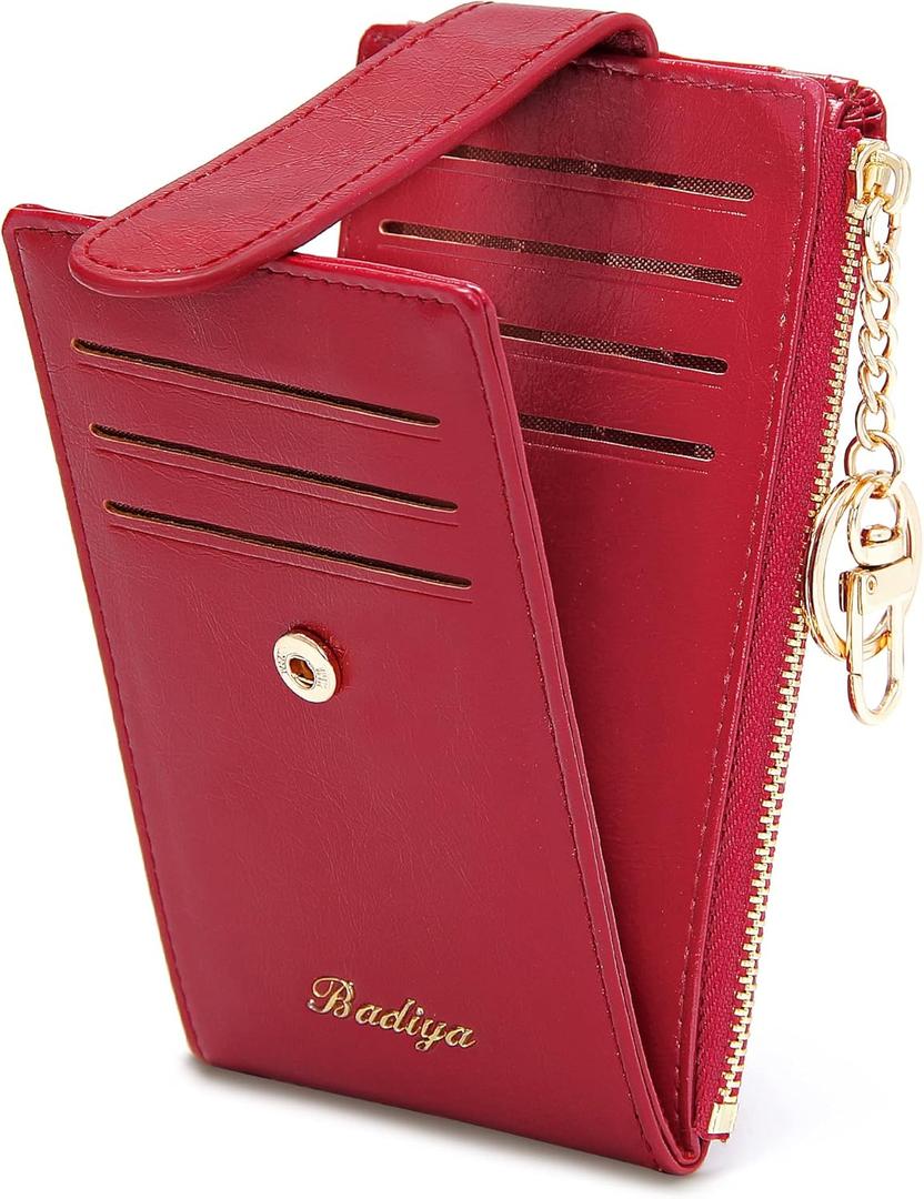 Badiya Slim Women Wallet RFID Blocking Bifold Compact 9 Card Slots Holder Wallets Soft Leather with Zipper Coin Pocket 2 ID Window (Oil Wax- Red & Key Chain)