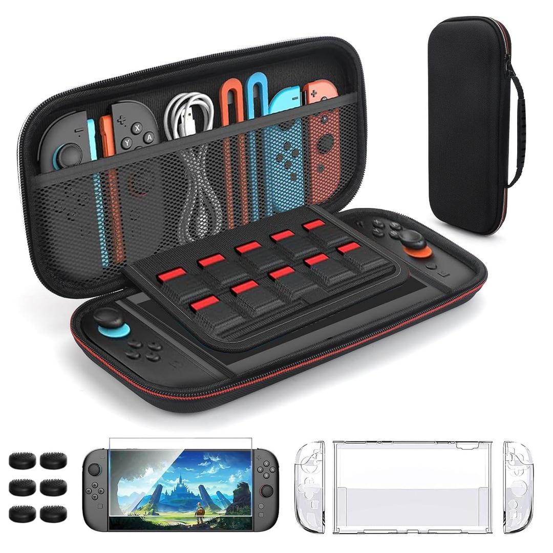 EEEKit Carrying Case Accessories Compatible with Nintendo Switch 2, Portable Travel Game Bag with Clear Protective Cover, HD Screen Protector, 6 Thumb Stick Caps