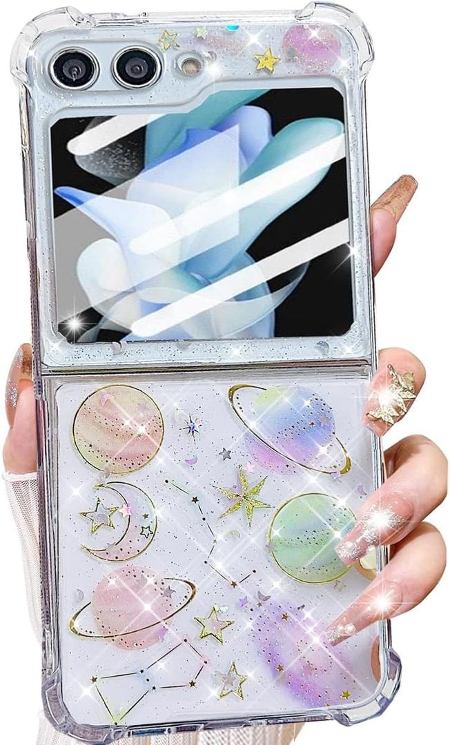 Changjia for Samsung Galaxy Z Flip 7 FE/Z Flip 6 Clear Glitter Case,Cute Space Stars Moon Universe Design Bling Sparkle Soft Silicone Shockproof Women Girls Case for Galaxy Z Flip 7 FE/Z Flip 6,Planet