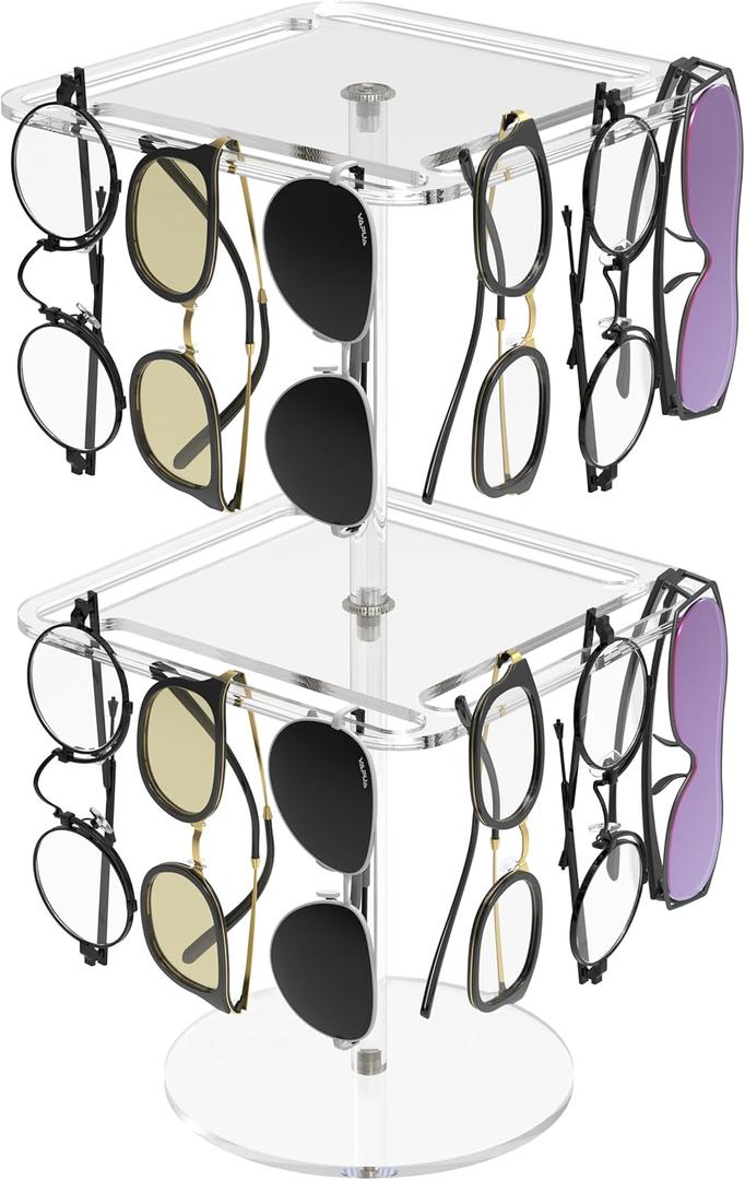 360 Rotating Acrylic Sunglasses & Eyeglasses Display Rack - Double-Tier Clear Tabletop Organizer for Eyewear (Square)
