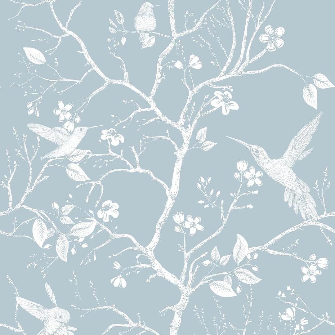 VEELIKE Vintage Blue Cherry Blossom Bird Wallpaper Peel and Stick Chinoiserie Wallpaper for Bedroom Nursery 17.7''x354'' Removable Self Adhesive Blue Floral Wall Paper for Bathroom Living Room Decor