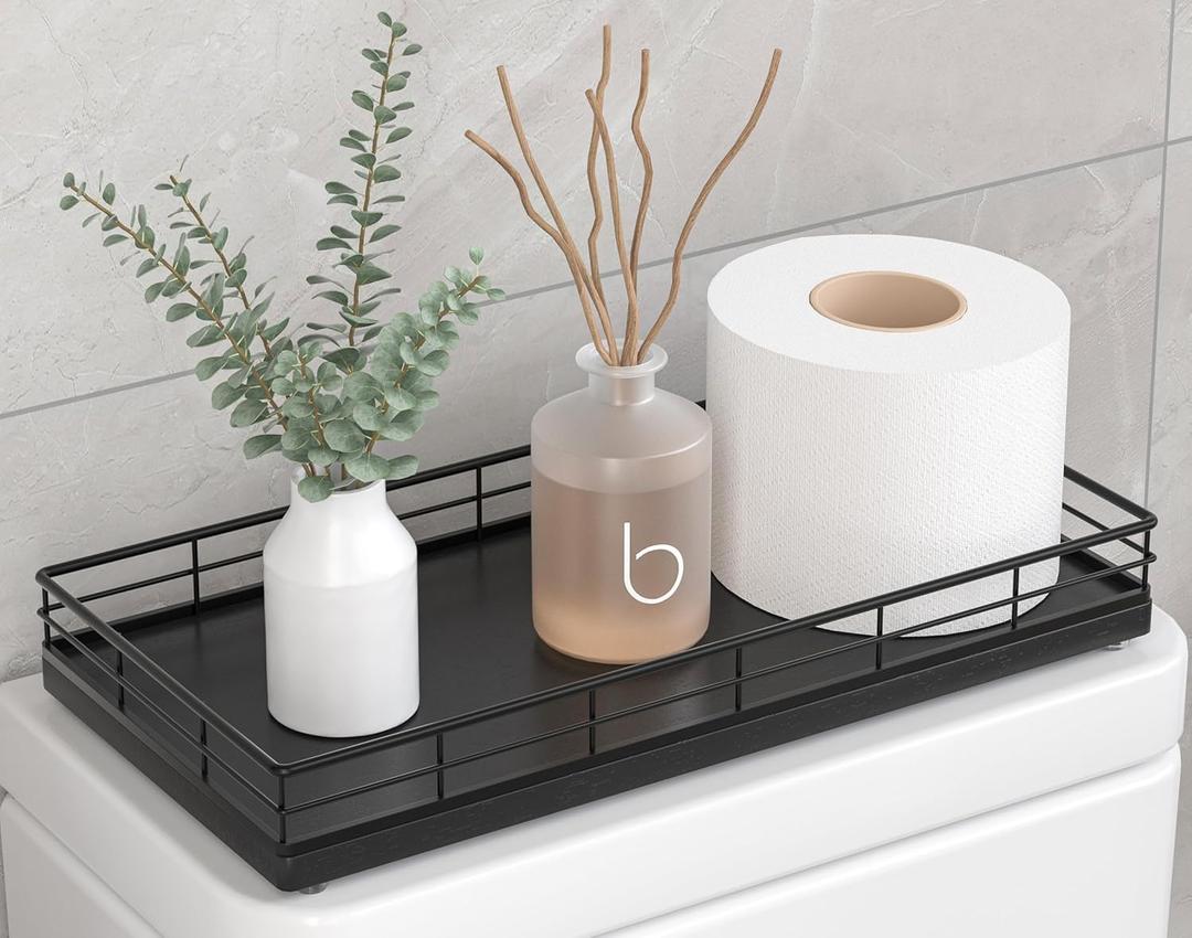 Toilet Paper Basket Organizer Oak Wood Toilet Tank Tray with Metal Frame, Bathroom Counter Top Storage for Toilet Paper, Wipes & Decor, Modern Narrow Back of Tank Shelf Organizer, Black
