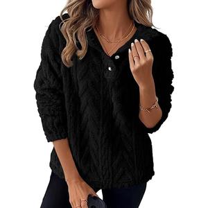 BLENCOT Women's Casual Winter Fuzzy Fleece Sweatshirts Long Sleeves Button Down Collar Neck Shaggy Cable Sherpa Pullover Jacket Pockets Black M